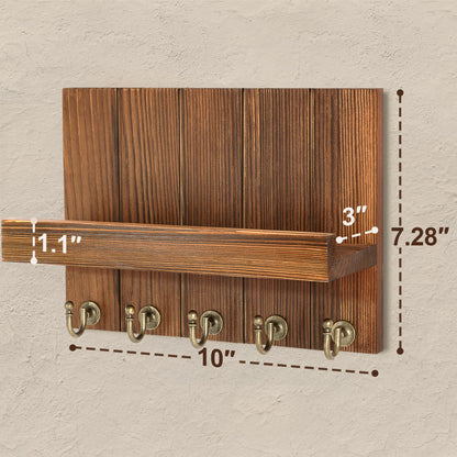 Rebee Vision Pine Wood Key Holder Wall Mount for Home Decor – Farmhouse Key Holder for Wall with Hooks & Floating Shelf – Ideal Mail Organizer for Home Organizaition (3.54" x 10" x 7.28", Retro Brown)
