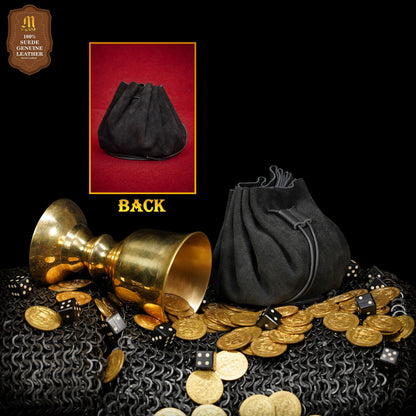 Mythrojan medieval leather pouch suede drawstring belt bag for larp, viking, renaissance cosplay, coin & jewelry waist purse (black, 3.8" x 3.8")