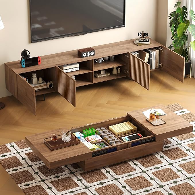 Mid-Century Modern 94.48" TV Stand and Expandable Coffee Table Set, Large Walnut Entertainment Center with Storage for Living Room and Bedroom Furniture Decor