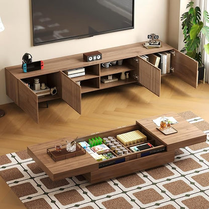 Mid-Century Modern 94.48" TV Stand and Expandable Coffee Table Set, Large Walnut Entertainment Center with Storage for Living Room and Bedroom Furniture Decor