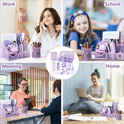 15 Pcs Purple Office Supplies Set Mesh Desk Organizer Accessories Kit Include Stapler Tape Dispenser Staple Remover Clips Ruler Scissors Sticky Notes for Office School Home Women (Purple)