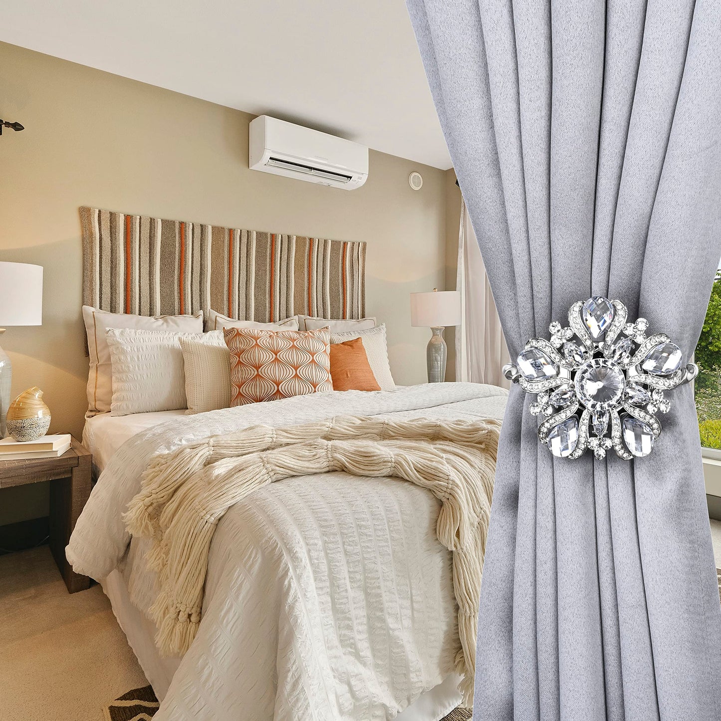 SUQ I OME Luxury Big Crystal Magnetic Curtain Tieback Holdback Clips Buckle Holder with Stretchy Wire Rope for Home Office Party Bedroom Decoration Silver