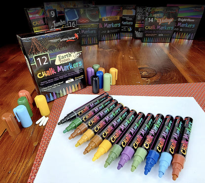 12 Earth Tone Chalk Markers Double Pack of Both Fine and Reversible Medium Tip Liquid Chalk Pens Wet Erasable - Menu Boards, Glass, Windows, White Boards, Classrooms, Mirrors, Plastic, Metal