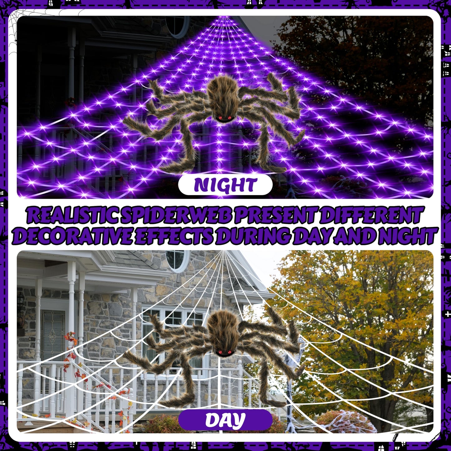 Halloween Spider Web Lights Giant Spider, 16.4Ft 450 LED Lighted Spider Web with with 8 Lighting Modes Waterproof & Timer for Indoor Outdoor House Haunted Yard Decor, Purple