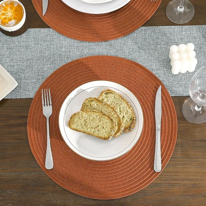 SHACOS Round Placemats Set of 6 Washable 15 inch Round Placemat Cotton Polyester Woven Braided Table Place Mats for Dining Table Decor, Dark Orange