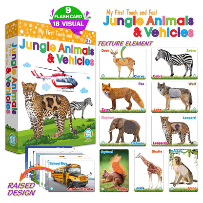 My Touch and Feel English Spanish Bilingual Picture Double Sided Sensory Flash Cards for Infant, Toddlers, Kids, Learn Animals, Fruits, and Vehicles, Fun Learning and Educational Flashcards