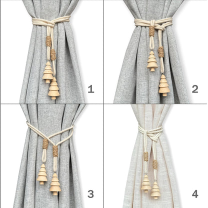 Curtain Tiebacks Farmhouse Holdbacks for Drapes, Boho Tie Backs for Curtains, Cotton Rope with Woody Christmas Tree for Home Decor, Natural Shabby Chic Drapery Holder, Pack-2