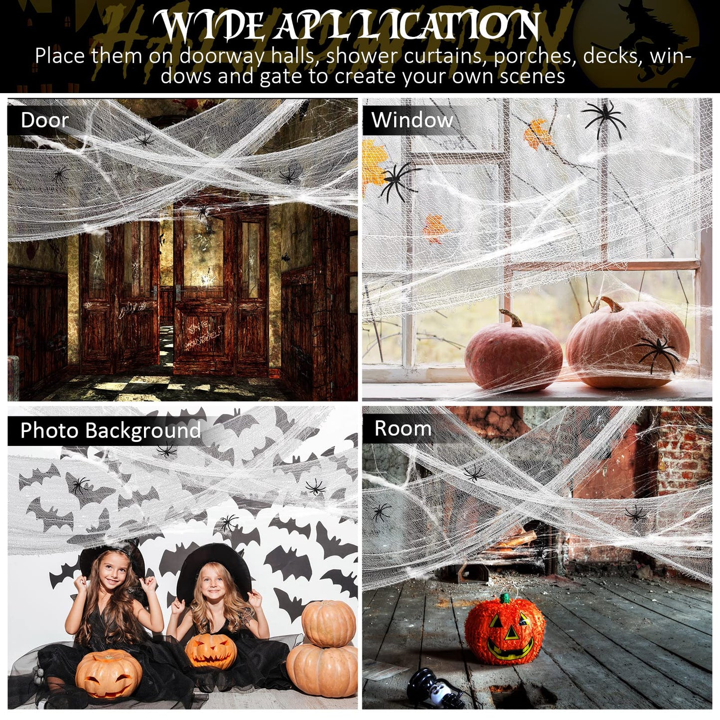 Tatuo 4 Pack Halloween Creepy Cloth 31 x 87 Inch with 2 Stretch Spider Web Spooky Scary Creepy Gauze Cloth for Halloween Party Supplies Home Wall Doorway Outdoor Yard Decor(White)