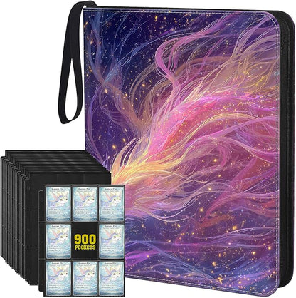 Trading Card Binder 900 Capacity, 50 Double-Sided 9-Pocket Top-Loading, 3-Ring TCG Album for 2.5 x 3.5 Cards, Acid Free PVC Free, Water-Resistant PU with Wrist Strap - Nebula Dragon Design