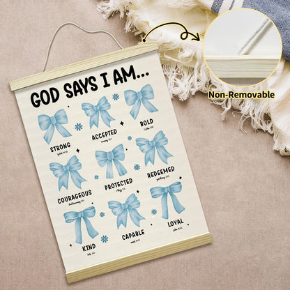 Christian Poster Hanger Frame-God Says I Am, Bule Bow Coquette Posters Canvas Wall Art for Women Girls Dorm Bedroom Decor, 12x16 Inches -028