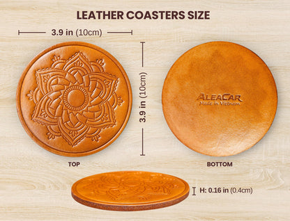 ALEACAR Handmade Leather Coasters 4" for Drinks - Set of 6 Modern Cup Coaster for Coffee, Wine, Desk, Table, Office - Coster for Outdoor Patio, Perfect Housewarming Gift & Home Décor (WoodBrown)