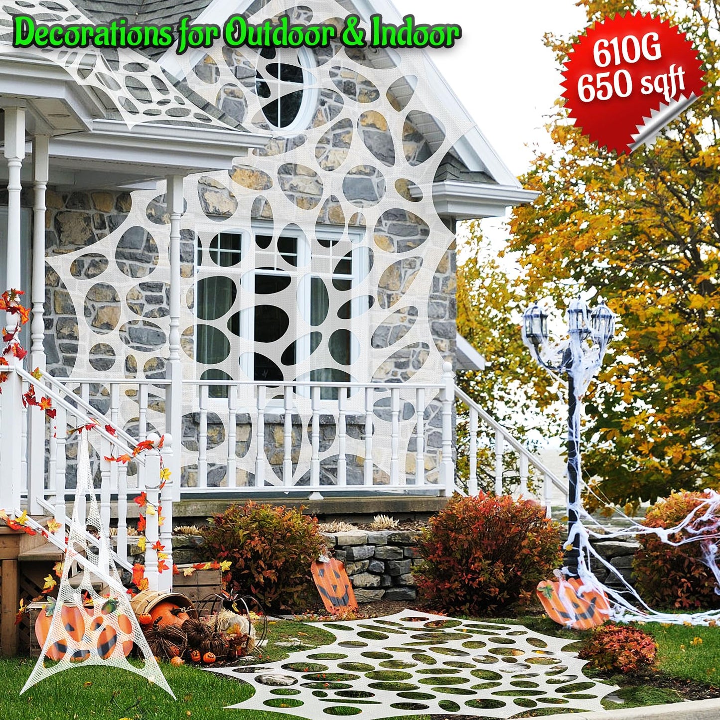 Homgaty Giant Halloween Spider Web, 650sqft Stretchy Beef Netting Halloween Spider Web Outdoor Decoration Cut-Your-Own Netting Spiders Webbing for Halloween Decor, Yard, Roof, Garden, MRPTDE1586