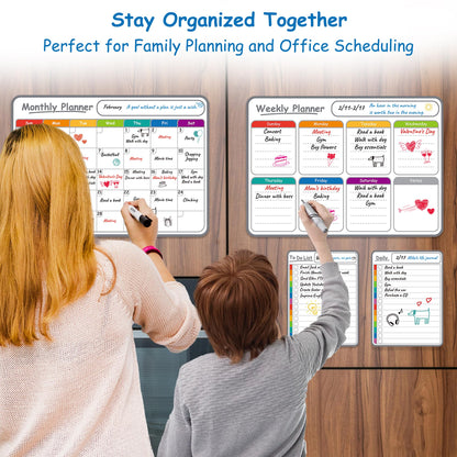 4-Pack Non-Magnetic Dry Erase Calendar Board Set – Monthly, Weekly, Daily, to-Do List Planner – Whiteboard for Stainless Steel Fridge, Wall, Glass, Door – Family, Office, Classroom Organizer