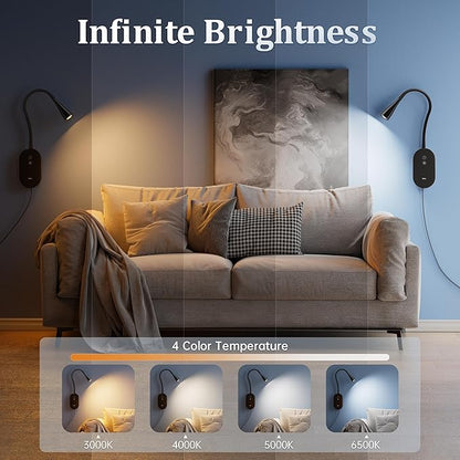 Wall Mounted Reading Light 2Pes– 4 Color Modes, 5‑Level Dimmable Reading Lamp, CRI 95+ Natural Sunlight, USB Output Charge & Auto Memory Black