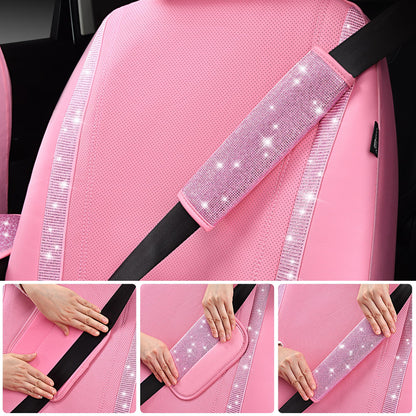 CAR PASS 24 PCS Pink Bling Diamond Accessories Set for Women, Leather Seat Covers, 15'' Steering Wheel Cover, Shining Rhinestone Sparkly Hooks, Coasters, Cute Interior Decorations