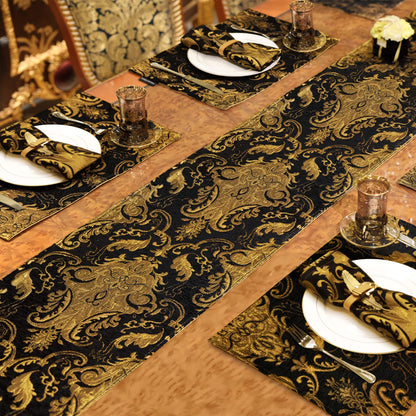 Loom and Mill Luxury Chenille Table Runner 72 Inches Long, Black Damask Jacquard Table Runners with Multi-Tassels for Halloween Dining Room Dresser Party Holiday Banquet Decorations(Black,13*72 inch)