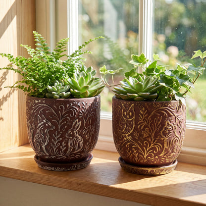 Decorative Ceramic Planter Pot with Saucer, Brown with Gold and Silver Owl Pattern, Indoor Garden Container with Drainage (G&S, 6 inch)