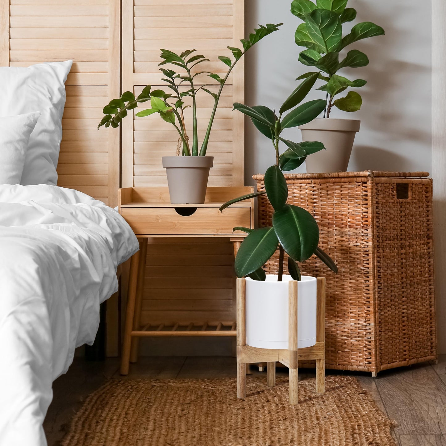D'vine Dev Planter Pot with Stand - 8 Inch Plastic Cylinder Flower Pot with Wood Planter Holder for Indoor, Matte White Pot + Natural Stand, 55-C-J-1