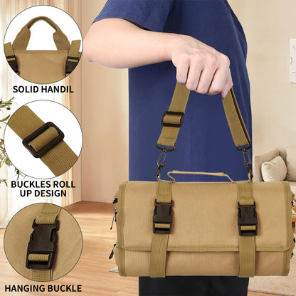 Tool Bag,Gifts for Men,Roll Up Tool Bag, Rollable Carrying Toolbag,Heavy Duty Tool Organizer, Foldable Empty Rollup Organizer with 2 Small Pouches (Khaki)