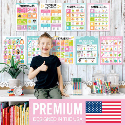 Hadley Designs Phonics Posters for Classroom Must Haves - 9 Sound Wall for Kindergarten & Elementary Teacher Supplies, Syllable, Vowels, Digraphs & Blends Bulletin Board Set, Pastel Classrom Decor