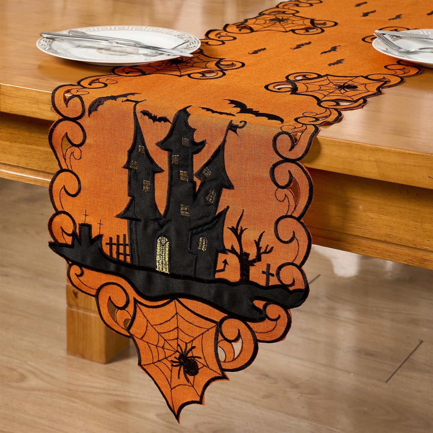 AMARED Halloween Table Runner, Embroidered Spooky Bats Spider Dresser Scarf for Fall Holiday Decoration 13 X 69 Inch