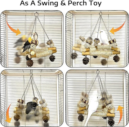 Bird Swing for Cage with Chew Toys, 3 Sisal-Wrapped Parrot Perches & Stable Triangle Design, Wooden Hanging Parakeet Toys Swing for Cockatiel Lovebirds Conures Quaker Balance Training (S)