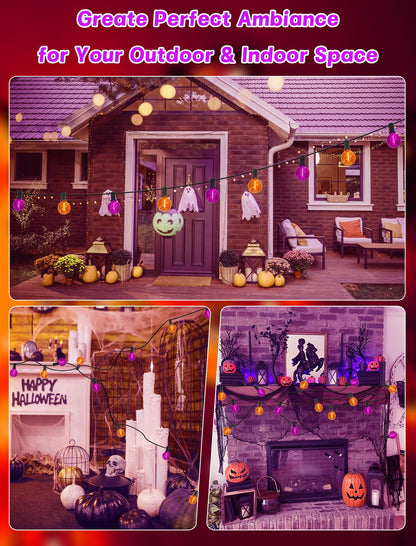 SUNSGNE G40 LED Outdoor Halloween String Lights 25FT Globe String Lights with 27 LED Shatterproof Clear Orange Purple Lights(2 Spare) for Patio Balcony Backyard Pergola Decor