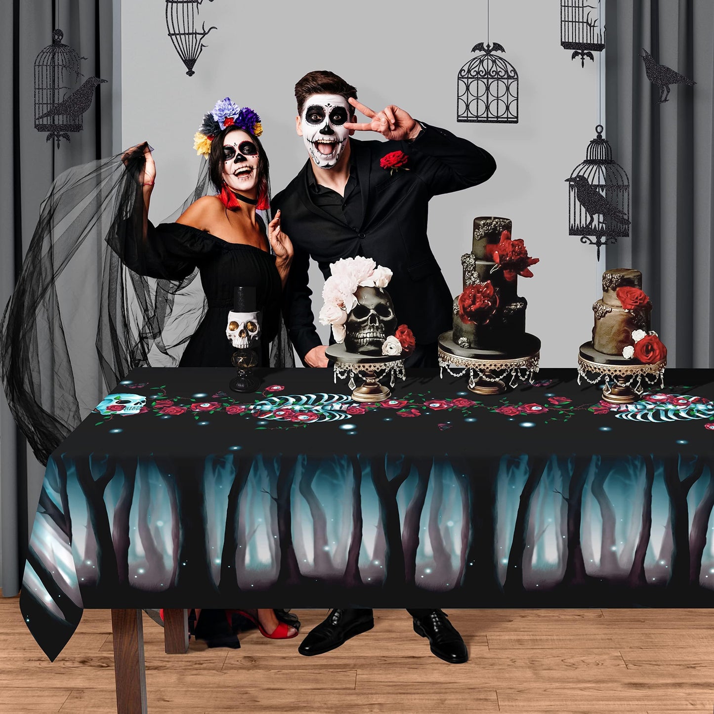 Cheerland Halloween Gothic Tablecloth Rose Skull Table Cloth Rose Skeleton Fabric Table Cover Black and Red Design for Halloween Weddings Summerween Birthday and Party Decor Supplies