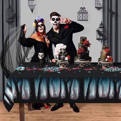 Cheerland Halloween Gothic Tablecloth Rose Skull Table Cloth Rose Skeleton Fabric Table Cover Black and Red Design for Halloween Weddings Summerween Birthday and Party Decor Supplies