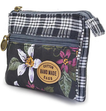 GUXL Women Small Zipper Coin Purse, Handmade Fabric Flower Embroidered Change Pouch, Cotton Double Zipper Wallet