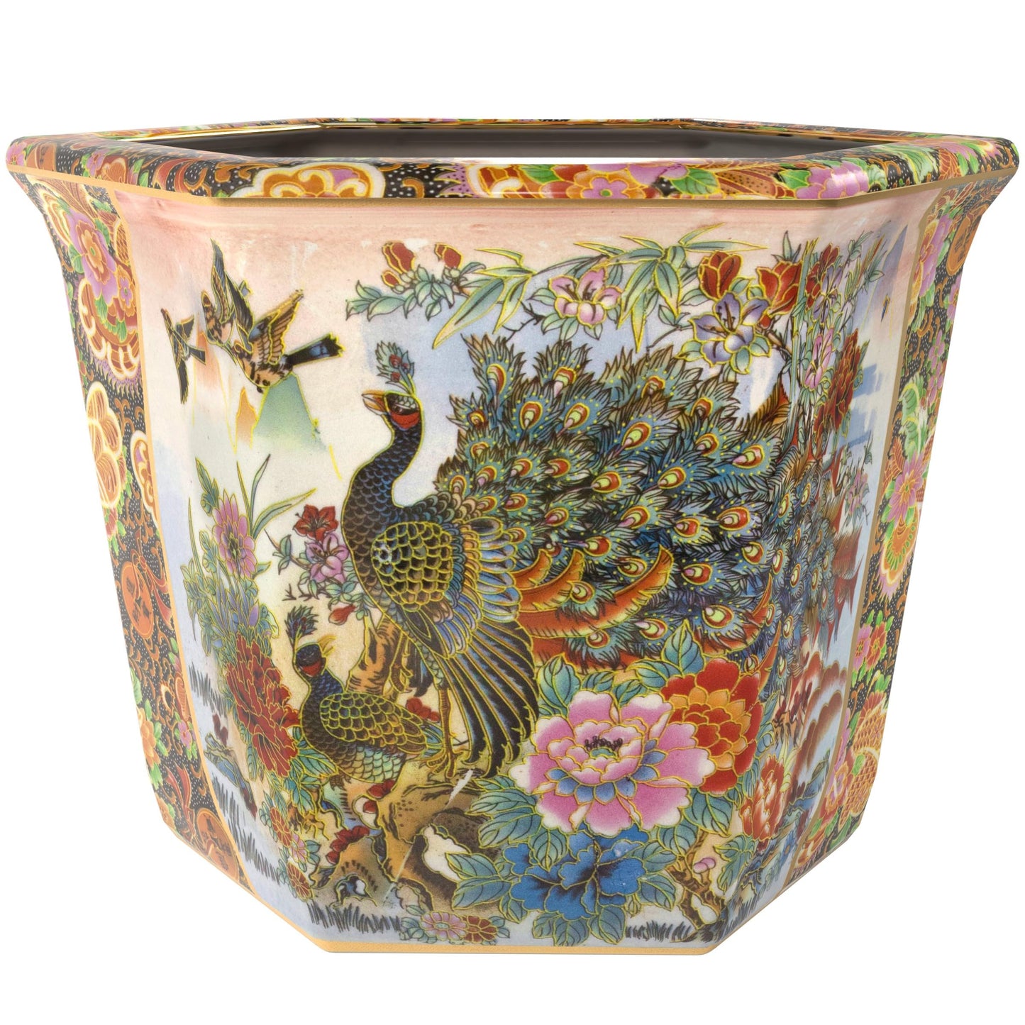 Red Lantern 10" Porcelain Flower Pot, Satsuma Ladies & Peacock