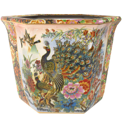 Red Lantern 10" Porcelain Flower Pot, Satsuma Ladies & Peacock