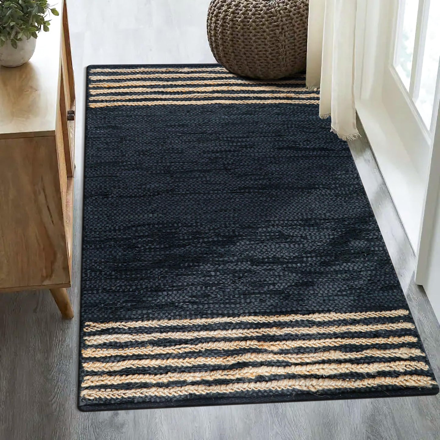 RIANGI Leather/Jute Rug 3'x5' Ft Rectangular Boho Handwoven Farmhouse Braided Rustic Vintage Black Area Rug for Living Room Kitchen Bedroom Hallways Enterways