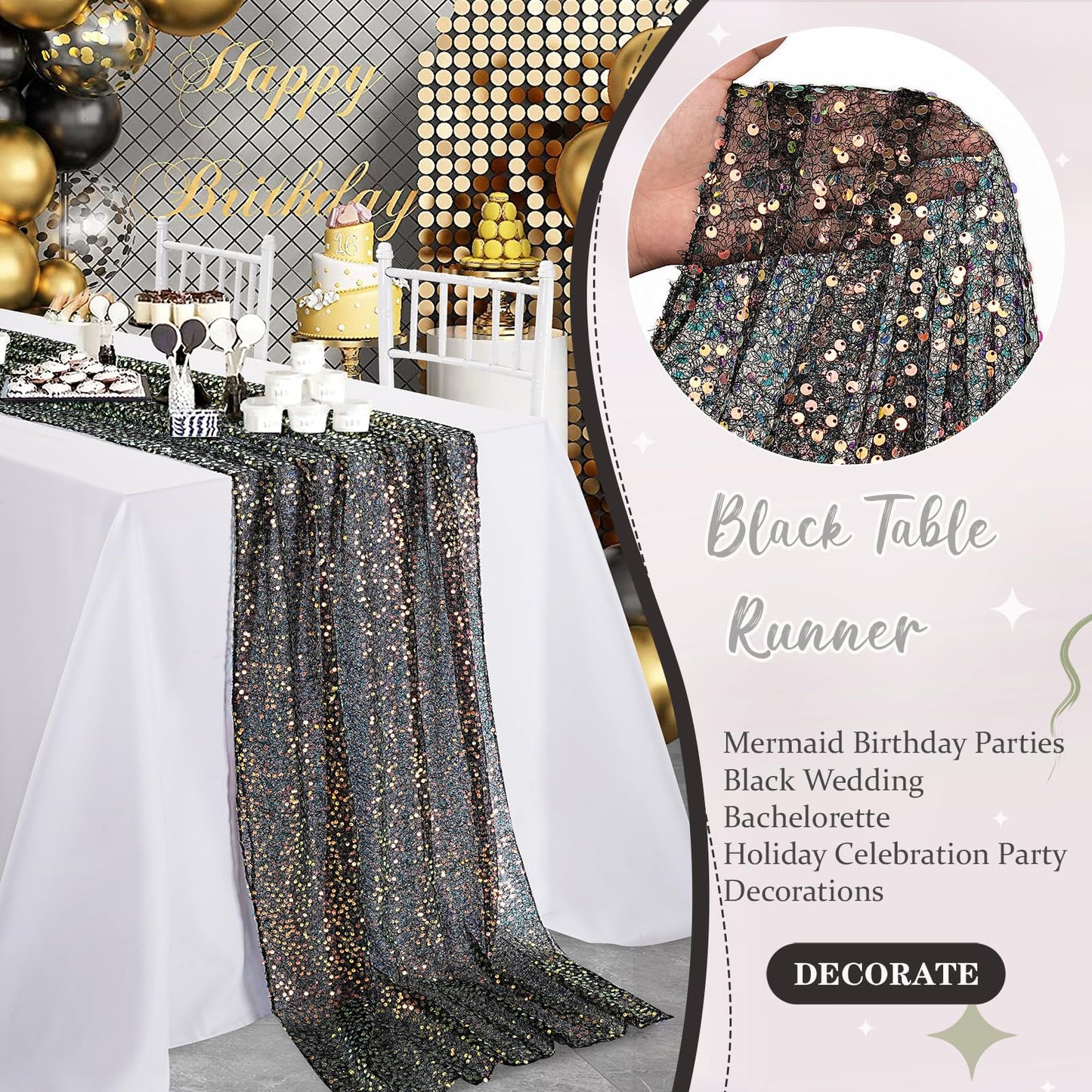 Black Sequin Table Runner 25"x120" Iridescent Table Runner Sparkly Fabric for Black Wedding Bachelorette Holiday Celebration Halloween Party Decorations