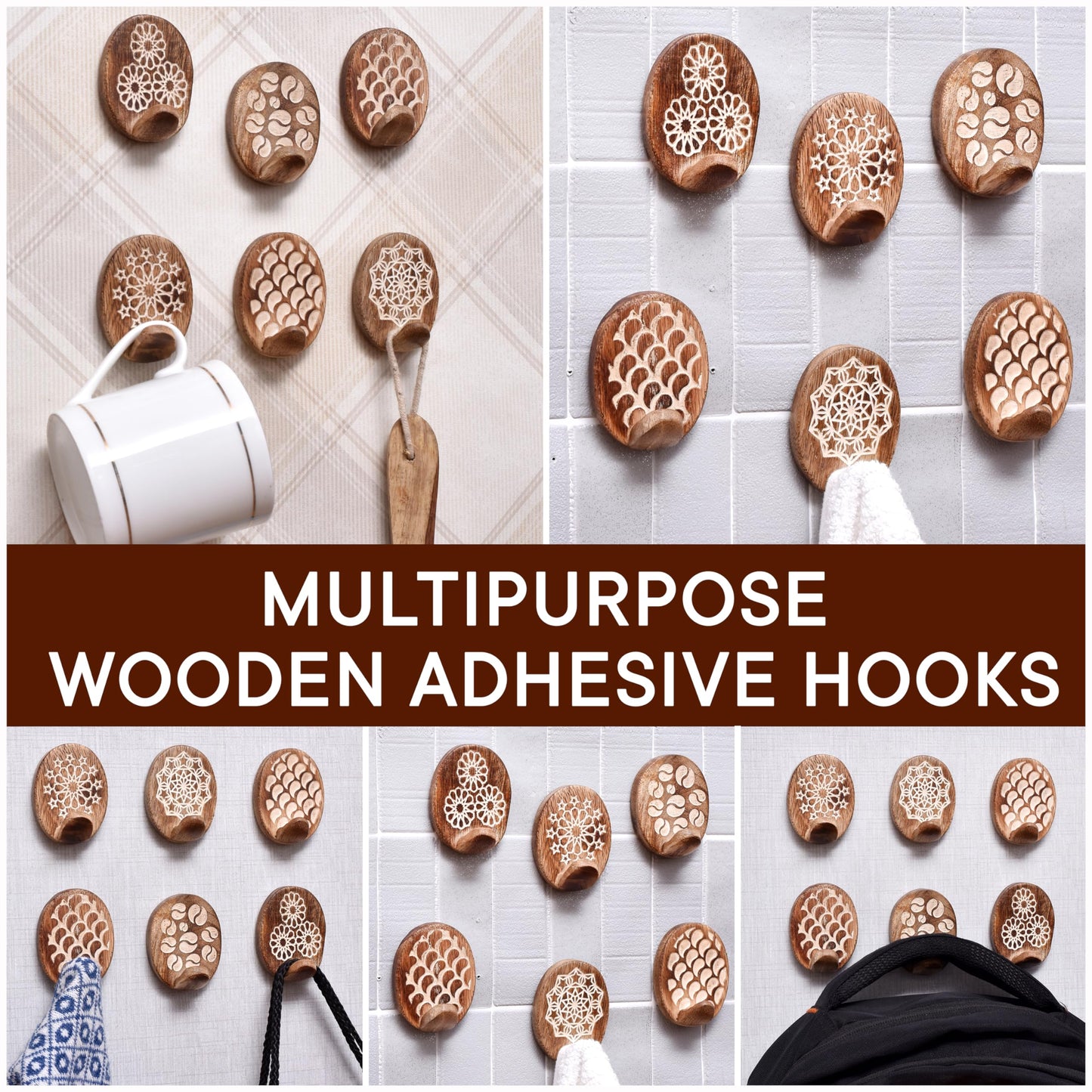Indian Shelf 6 Lb Decorative Wood Adhesive Wall Hooks–Boho Peel and Stick Hooks for Keys, Hats, Towels, Bags & Entryway Decor, Self Adhesive Wall Mounted Hooks for Home Organization -6 Pieces