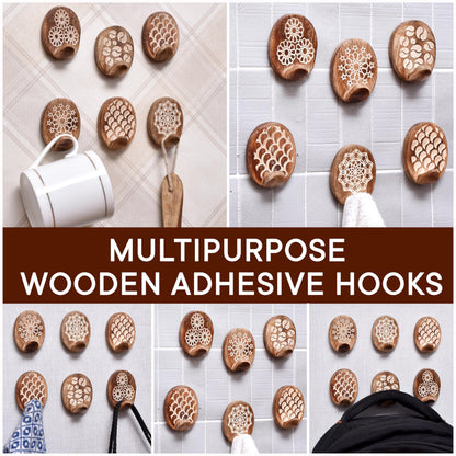 Indian Shelf 6 Lb Decorative Wood Adhesive Wall Hooks–Boho Peel and Stick Hooks for Keys, Hats, Towels, Bags & Entryway Decor, Self Adhesive Wall Mounted Hooks for Home Organization -6 Pieces