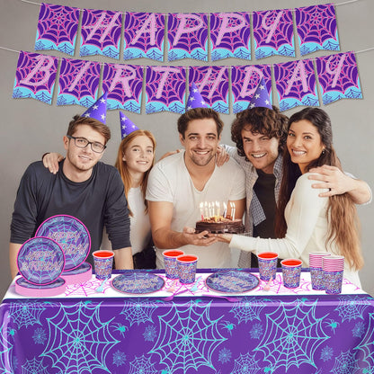 FoldTier 24 Set Spider Birthday Supplies and Decorations Spiderweb Party Plates and Napkins Spider Tablecloth and Banner for Halloween Christmas Party Favor(1 Tablecloth,Purple Happy Birthday)