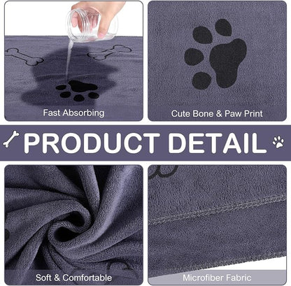 Chumia 8 Pcs Dog Towels for Drying Dogs Cats Pet Towels Bulk Puppy Microfiber Fast Drying Paw Bath Bathing Supplies Absorbent for Medium Pets(55 x 28 Inch,Dog Paw and Bone,Gray)