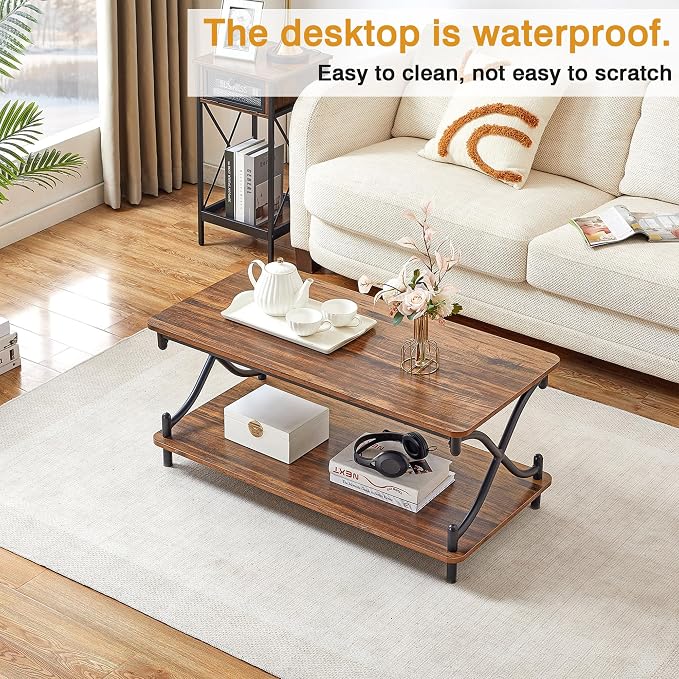 VECELO Coffee Table for Living Room with Round Corners Modern Farmhouse Center Table with Storage Shelf for Home Office 39 Inch, Easy Assembly, Retro Brown