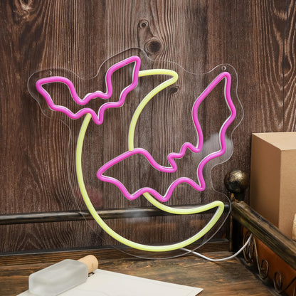 Halloween Decorations Neon Signs, Moon and Bat LED Light,Neon Light up Halloween Party, USB Powerd Gothic Neon Lamp for Festival Wall Decor, Bar, Bedroom,Living room, Wedding,Halloween