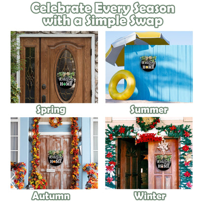 Seasonal Welcome Wood Sign - Rustic Round Wreaths Sign - Interchangeable Front Door Porch Wall Hanging Outdoor Decor - Seasons Holiday Halloween Christmas - Housewarming Gift For Family（Black） - A02