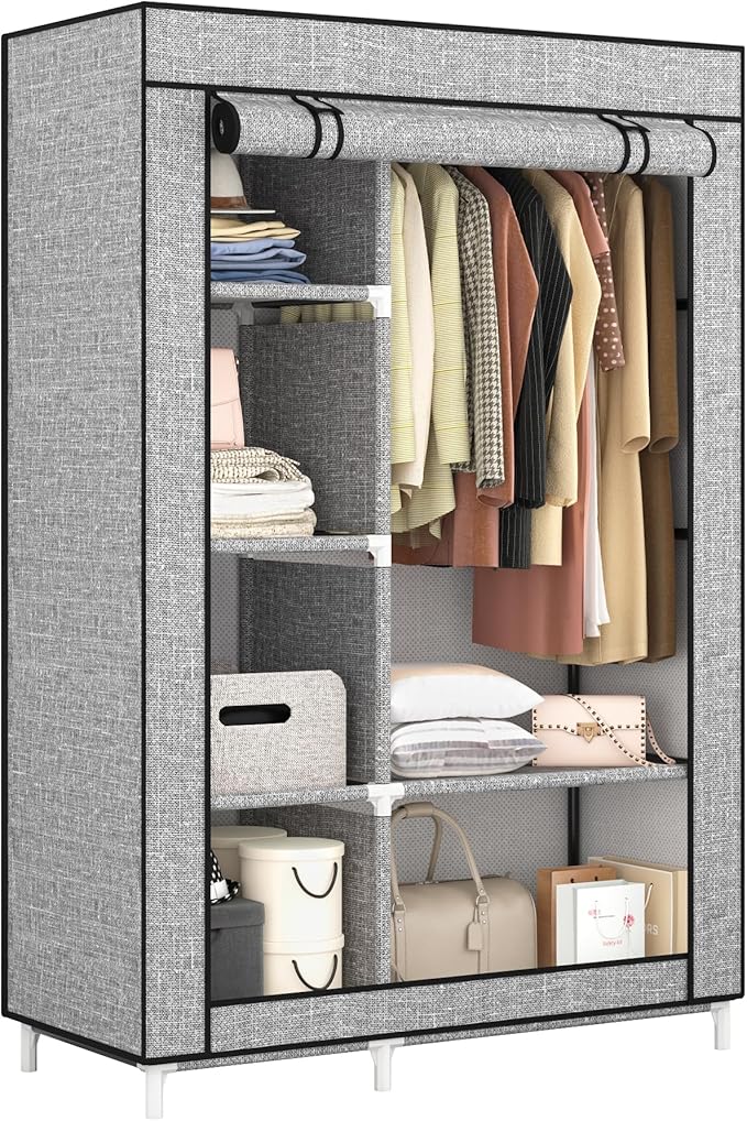 Calmootey Portable Closet Organizers, Clothing Storage, Wardrobe with 6 Shelves and Hanging Rod, Non-Woven Fabric Cover with 4 Side Pockets, Ash Grey