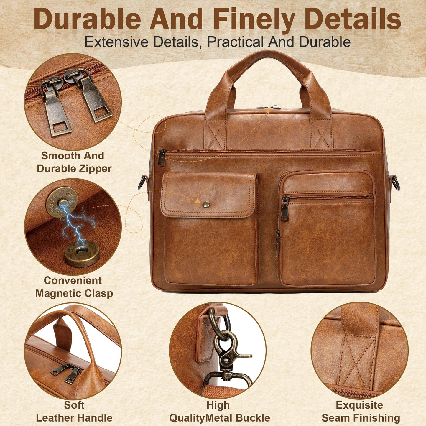 Yuni Sophy Briefcase for Men 15.6 Inch Laptop Messenger Bag Faux Leather Multi-Pocket Business Work Bag Waterproof Office Travel (Brown)