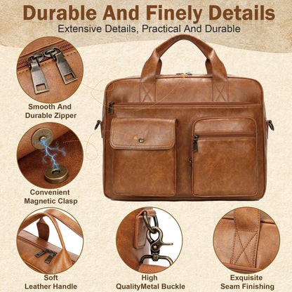 Yuni Sophy Briefcase for Men 15.6 Inch Laptop Messenger Bag Faux Leather Multi-Pocket Business Work Bag Waterproof Office Travel (Brown)