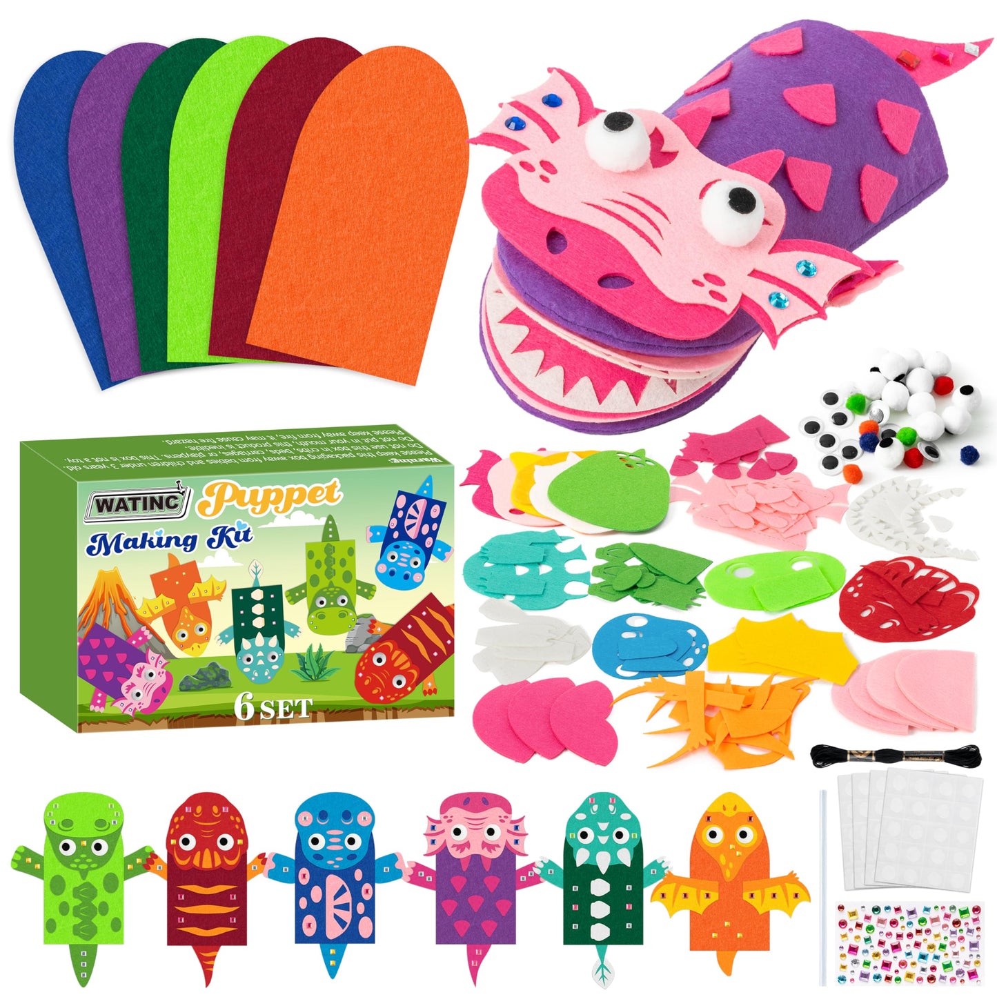 WATINC 6Pcs Hand Puppet Making Kit, Art Craft Felt Sock Puppet Toys, Creative DIY Make Your Own Pompoms Wiggle Googly Eyes Storytelling Role Play Party Supplies Gift for Girls Boys (Dinosaurs B)