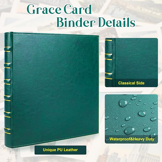 WOT I Vintage Leather Card Binder | Holds 540 Cards, Refillable Leather 3 Ring Binder for MTG/TCG/Sports Cards, Elegant Book-Style Organizer - Dark Green
