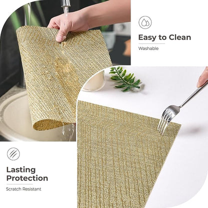 Leetaltree Gold Placemats Set of 24 - Heat Resistant Non-Slip Place mats for Dining Table, Washable Durable PVC Vinyl Woven Table Mats(Luxury Gold, 24)
