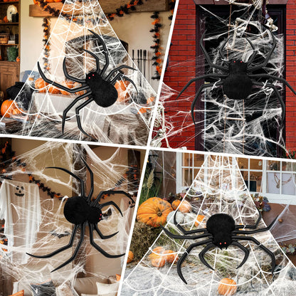 Halloween Decorations Spider Web, 40'' Inflatables Giant Spider + 200'' Triangular Giant Spider Web + 20G Spider Web, Scary Hairy Fake Halloween Spiders Props for Indoor Outdoor Party Halloween Yard.