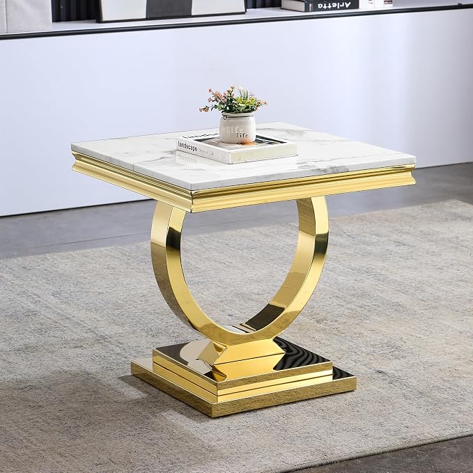 3 Piece Living Room Table Set Include 1 Faux Marble Coffee Table & 1 End Table & 1 Console Table, Modern White Gold Coffee Table Set of 3 with Double O Shape Stainless Steel Pedestal Base