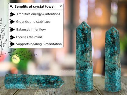 Amazing Gemstone Chrysocolla Shattuckite Crystal Towers - Natural Healing Crystal Point Obelisk for Reiki Healing and Crystal Grid (3" to 4" INCH)
